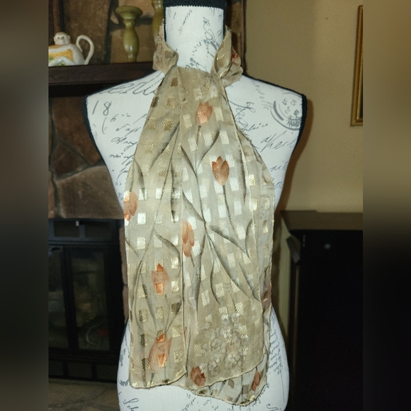 Silk scarf. Gold with minimal floral and gold thread accents. - Picture 2 of 3